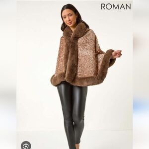 Brown Sequin Fur Trim Cape Coat.New No Tag.one Size.